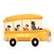 Happy primary students riding school bus