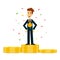 Happy and proud young businessman or manager with award medal On the money podium. Business win concept. EPS10 vector.