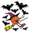 A Happy Pumpkin Flying in on her broom for Halloween with a Bunch of Bats