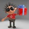 Happy punk rocker character has a gift wrapped present, 3d illustration