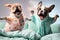 happy puppies in terry bathrobe joyfully jumping on bed, created with Generative AI technology