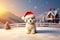 Happy Puppy Dog in Christmas Santa hat on winter background