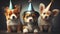 Happy puppy dogs wearing party hats celebrating