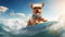 Happy puppy on summer vacation is surfing on the sea. Dog on the board floats on the wave