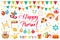 Happy Purim carnival set of design elements, icons. Jewish holiday, isolated on white background. Vector illustration