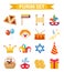 Happy Purim carnival set of design elements, icons. Jewish holiday, on white background. Vector illustration