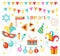Happy Purim carnival set of design elements, icons. Purim Jewish holiday, isolated on white background. Vector