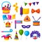 Happy Purim Jewish holiday set of objects. Traditional carnival symbols.