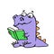 Happy purple dragon sits and reads a book with glasses. Vector illustration.