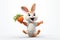 Happy rabbit jumping joyfully with an orange. Concept of joy, vibrant characters, sweets, and kids entertainment. White