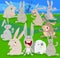 Happy rabbits on meadow cartoon illustration