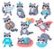 Happy raccoon mascot characters for kids birthday. Racoon superhero. Cute cartoon raccoons with balloon, eat pizza and