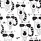 Happy raccoons, black and white seamless pattern