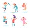 Happy rainy kids. Water season characters playing in wet environment jumping in puddles vector childrens