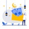 Happy ramadan mubarak greeting concept with tiny people. Muslim people holding large envelope containing bonus money flat vector