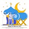 Happy Ramadan Mubarak Greeting with Muslim Drummer Characters, Moon, and Star