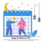 Happy Ramadan Mubarak Greeting with Muslim Family Characters, Calendar, Moon, Star, and Lantern