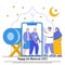 Happy Ramadan Mubarak Greeting with Star, Moon, and Muslim Characters Family Using Cellphone to Video Call