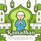 Happy ramadhan kareem festival greeting banner illustration green color cartoon style with cute mosque, lantern and muslim