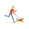 Happy red-haired man with dog on morning jogging. Young guy with stylish haircut in casual clothes. Male character