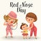 Happy red nose day, mother brought her daughter to medical doctor in hospital, mom fun clownnose and baby girl patient