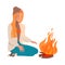 Happy Redhead Female Sitting at Campfire Looking at Burning Fire Vector Illustration