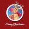 Happy Reindeer with big red nose and cute scarf smiling and taking gift box. Christmas poster or banner. Cartoon style. Red patte