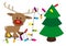 Happy reindeer decorates a Christmas tree with lighting color chain