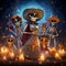 Happy, rejoicing, funny, painted skeletons, skeletons in fairy tale style celebrating. For the day of the dead and Halloween