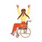 Happy and Rejoicing Woman Character on Wheelchair Cheering Raising Hands Up Vector Illustration