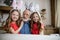 Happy relatives wearing bunny ears and laughing stock photo