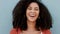 Happy, relax and smile black woman laughing outdoor, cheerful and excited. Portrait of a black female feeling confident