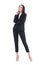 Happy relaxed beautiful business woman in black formal suit smiling with hand on chin.