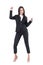 Happy relaxed business woman in formal suit dancing celebrating success. with clenched fists