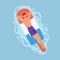 Happy relaxed man floating in pool water, lying on inflatable mattress. Person enjoying sunbathing on rubber icecream on