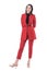Happy relaxed young business woman in elegant formal red suit with hands behind back