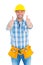 Happy repairman gesturing thumbs on white background