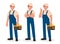 Happy repairman or mechanic with a toolbox. Set of different poses.