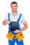 Happy repairman in overalls holding digital tablet