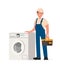 Happy repairman and washing machine. Vector illustration