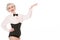 Happy retro burlesque dancer indicating space for text, isolated