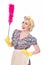 Happy retro housewife, with feather duster, isolated on white