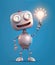 Happy retro robot holding glowing light bulb in its hand, idea concept, generative AI illustration