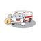 Happy rich ambulance cartoon character with money bag