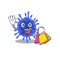 Happy rich bacteria coronavirus mascot design waving and holding Shopping bag