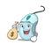 Happy rich computer mouse cartoon character with money bag