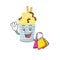 Happy rich ice cream banana rolls mascot design waving and holding Shopping bag