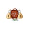 Happy rich infection coronavirus mascot design carries money bags