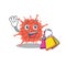 Happy rich orthocoronavirinae mascot design waving and holding Shopping bag