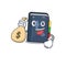 Happy rich phone book cartoon character with money bag